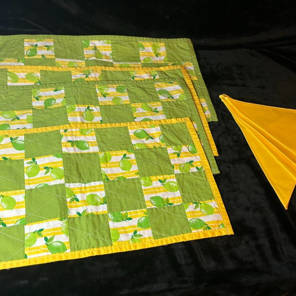 Handmade Set of 4 Matching Lemon & Lime Place Mats and Matching Yellow Napkins